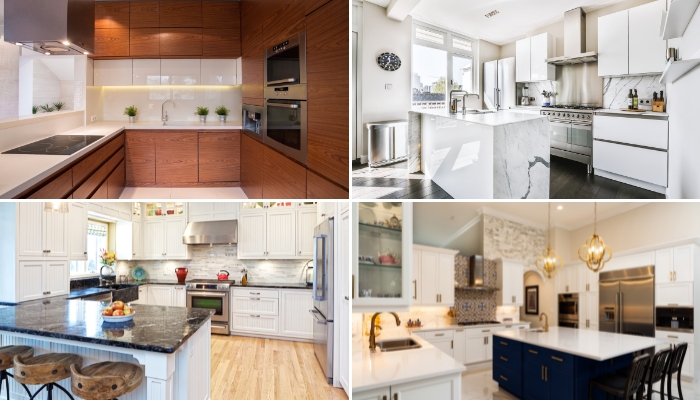 App_Cooktop-vs-Range_4.jpg Collage of different kitchen layouts feature range vs cooktop and wall ovens