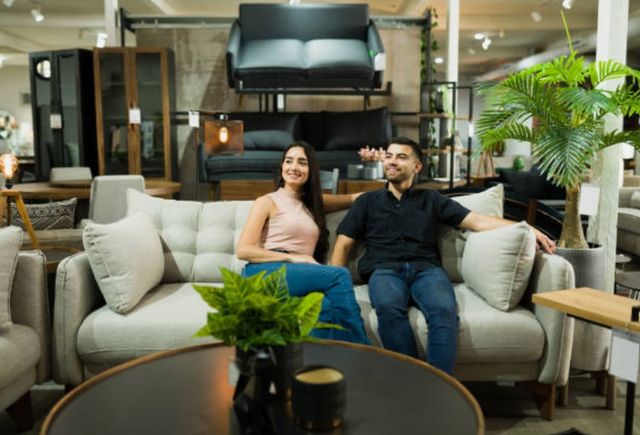 Front view of a couple testing a sofa in a furniture store and smiling