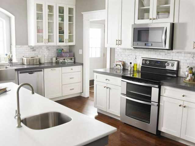 Modern white kitchen ready for a new double oven electric range