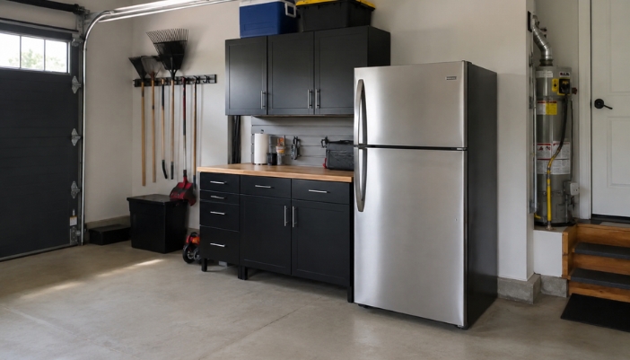 A top-freezer refrigerator sits closed in a home garage.