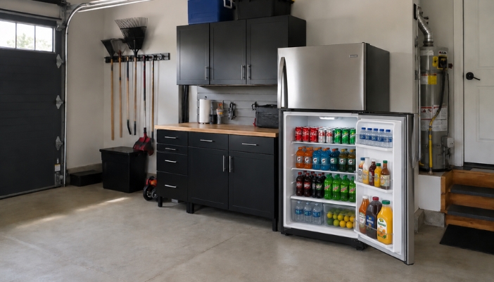 A top-freezer refrigerator is open showing a lot of beverages in a home garage.