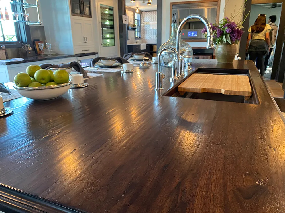 Up close look at the Grothouse Lumber countertops in a Jeanne K. Chung Pasadena kitchen design 