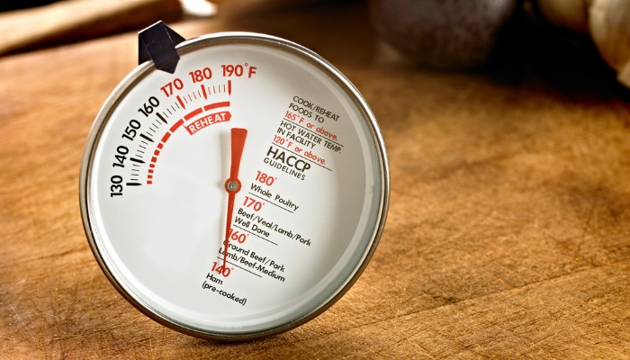 App_Meat-Thermometer_1.jpg Closeup of a meat thermometer on the table; indicates doneness level for different meats