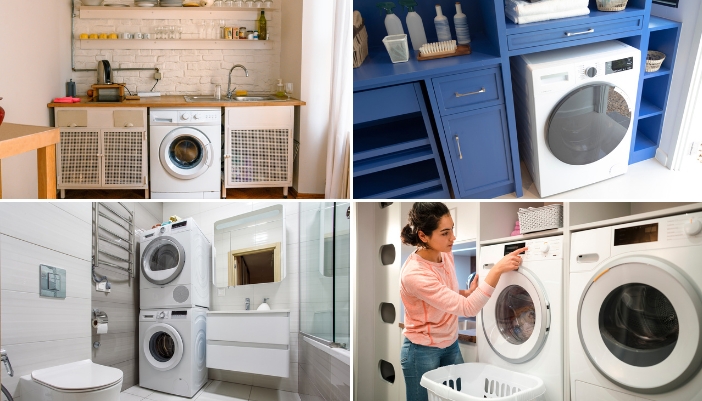 A collage of washer-dryer combos and laundry pairs in different settings