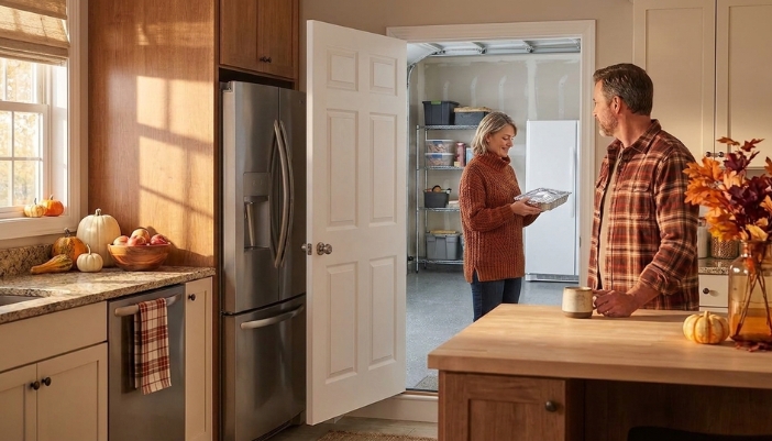 Couple in a fall-decorated kitchen while one carries a foil tray from a garage with an upright freezer