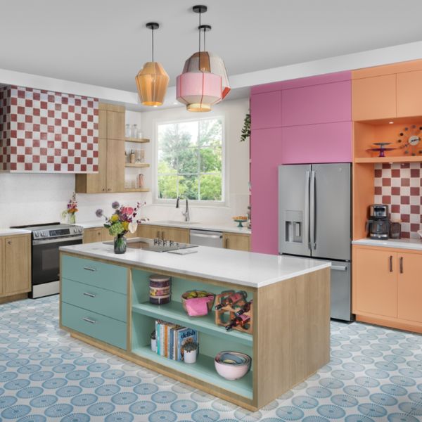 A GE French door refrigerator in a multi-color kitchen