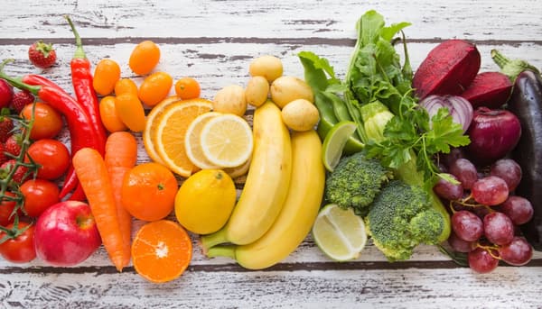 Overhead view of a variety of fruit on a board