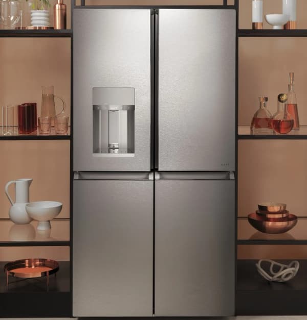 Cafe's quad-door refrigerator in platinum glass finish