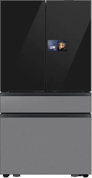 Front view of the Samsung RF90F29BECR French door refrigerator