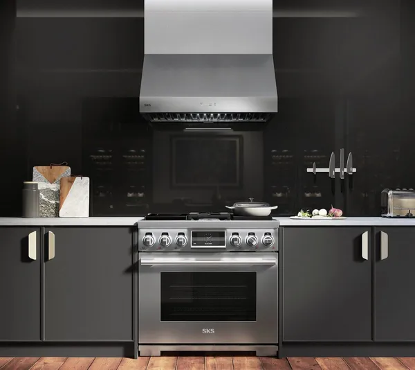 The Signature Kitchen Suite SKSPH3602S range hood and matching range