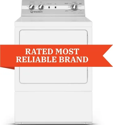 The Speed Queen DC5003WE dryer with a Rated Most Reliable Brand banner 
