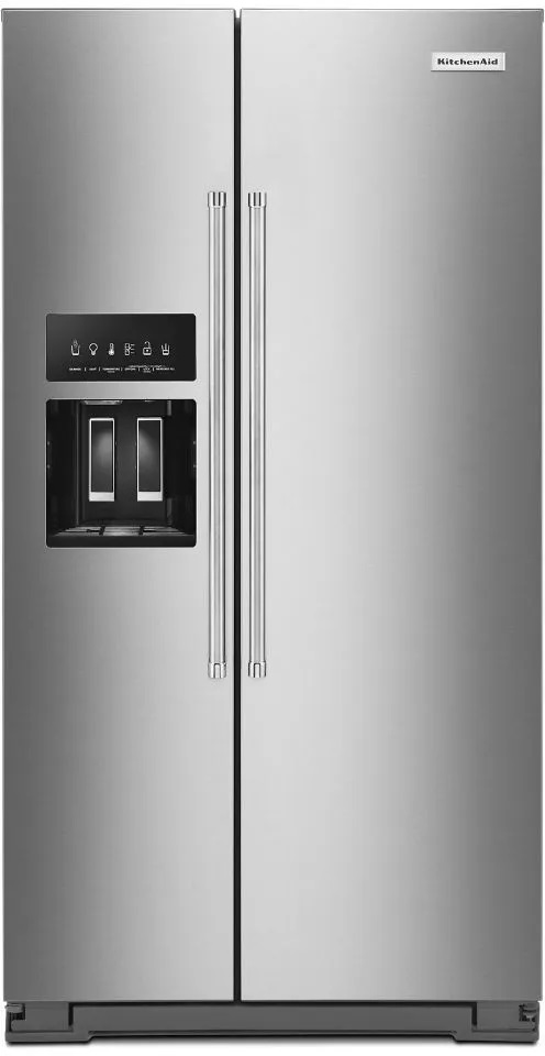 KitchenAid stainless steel side by side refrigerator with brand logo