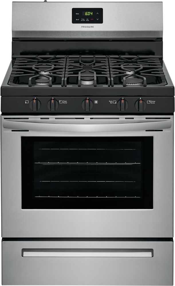 Frigidaire stainless steel gas range with black cooktop and display panel on backguard