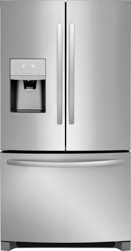 Frigidaire stainless steel french door refrigerator with ice maker on left door and bottom freezer