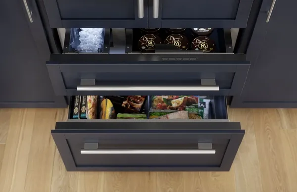 Overhead view of open Thermador Freedom T36IT100NP refrigerator drawers