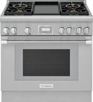 Credit: Thermador Front view of the Thermador Pro Harmony PRG364WDH 36” gas range