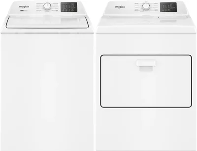 A Whirlpool laundry pair featuring the Whirlpool WTW4107SW washer and Whirlpool WGD4107SW dryer