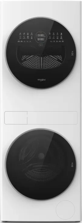 Front view of the Whirlpool WFH5424SW stacked washer and dryer set