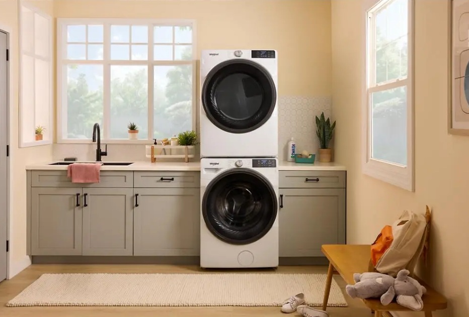 Whirlpool The Whirlpool WFW5720RW washer and dryer in a laundry room