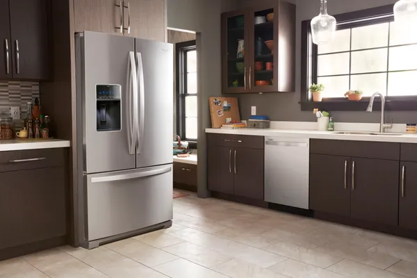 The Whirlpool WRF757SDHZ refrigerator in a modern kitchen