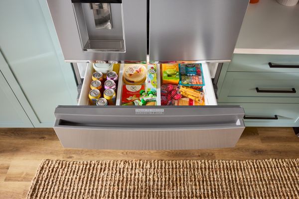 Overhead view of an open Whirlpool WRMC5036RZ Freezer-to-Fridge Zone drawer