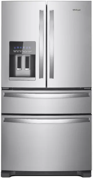 Front view of the Whirlpool WRMF3636RZ French door refrigerator