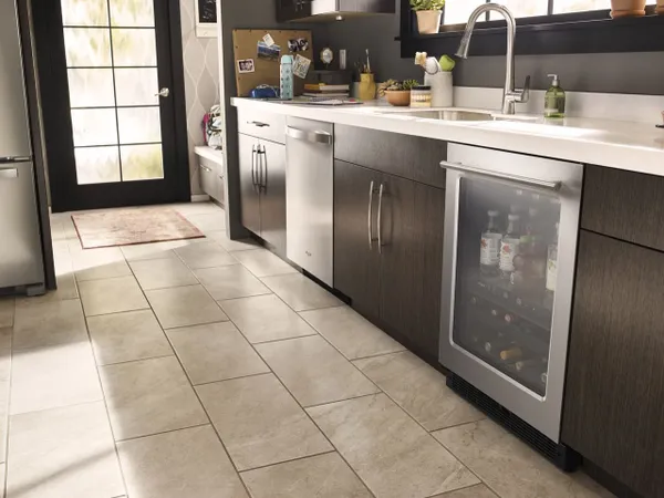 The Whirlpool WUB35X24HZ beverage center in a modern kitchen 