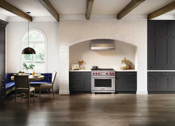 The Wolf DF36450C_S_P_LP range vignette in a luxury kitchen 