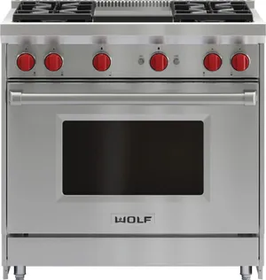 Front view of the Wolf GR364G 36” gas range