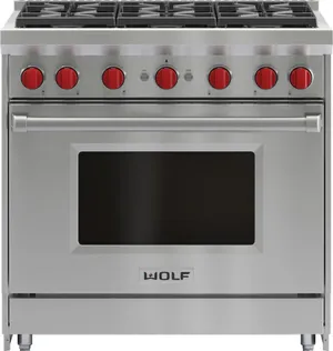 Front view of the Wolf GR366 36” gas range