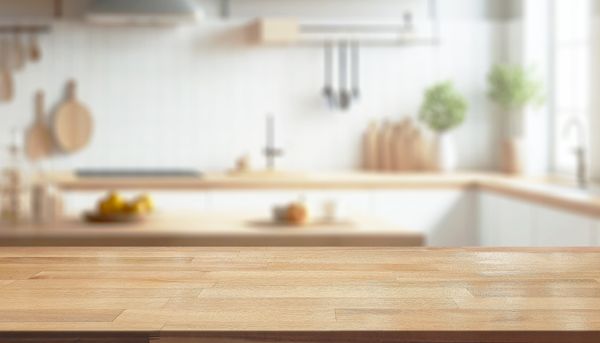 A close-up of a wooden kitchen countertop 
