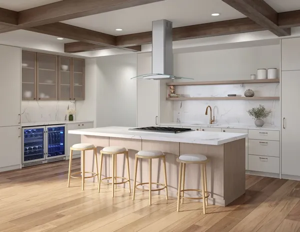 Credit: Zephyr The Zephyr BML-E36CG range hood in a modern kitchen