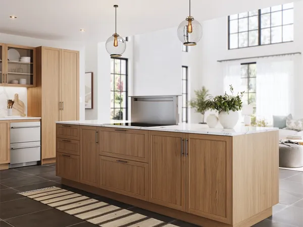 The Zephyr Designer series ZTV-E36AS range hood in a kitchen island