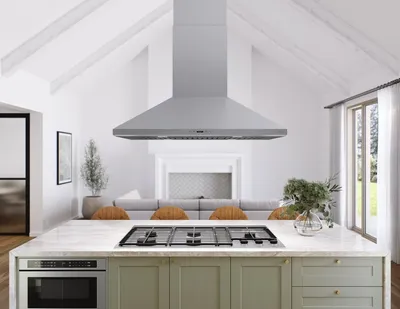 Credit: Zephyr The Zephyr Siena ZSL-E42DS island range hood over an island and cooktop