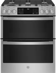 Front view of GE PGS960YPFS 30” double oven gas range 
