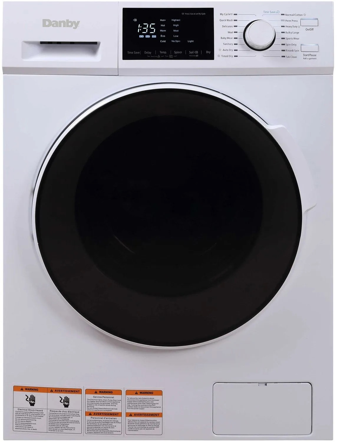 Danby Front view of Danby DWM120WDB washer dryer combo with heated pump