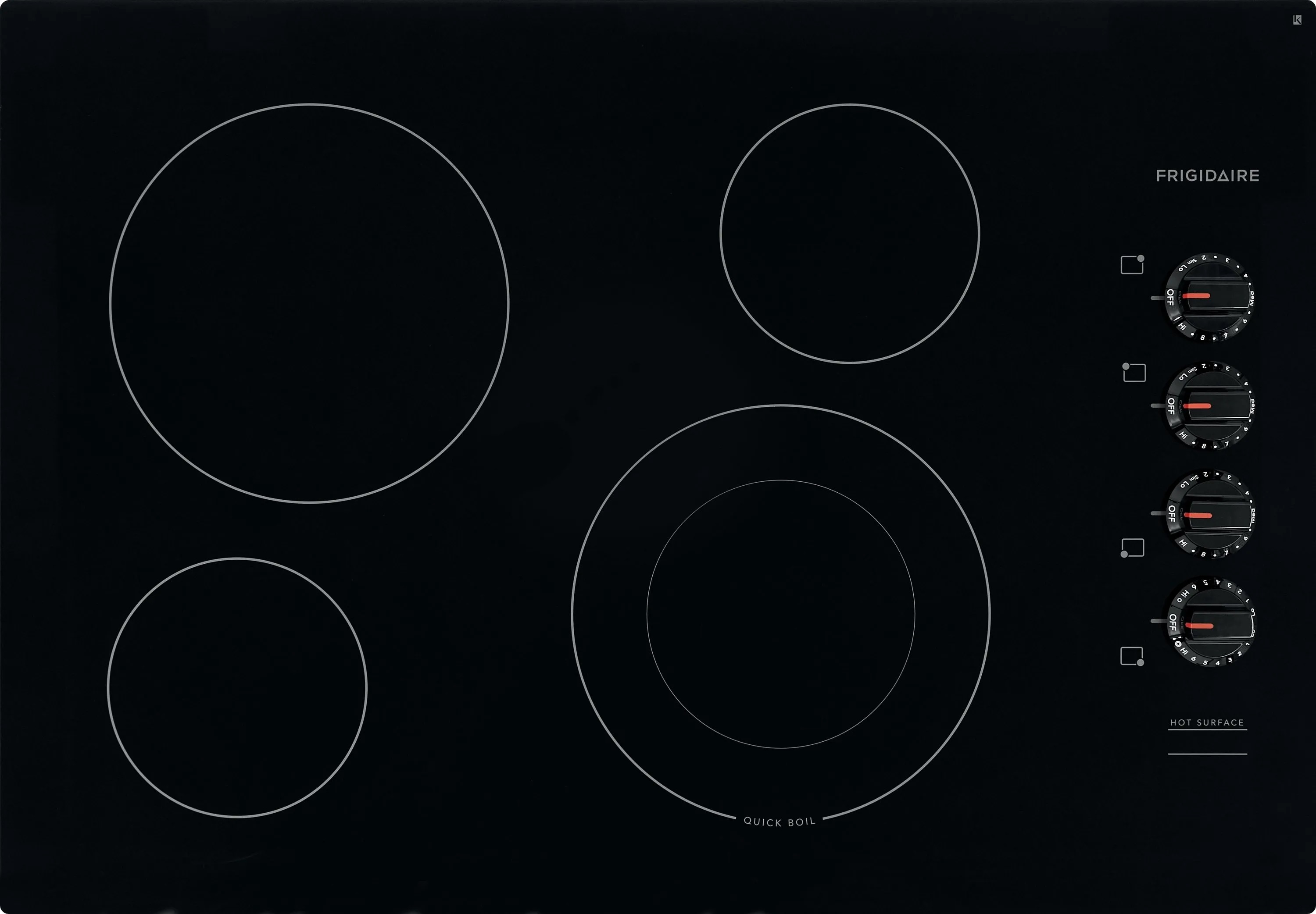 Overhead view of Frigidaire FFEC3025UB four-burner electric cooktop 