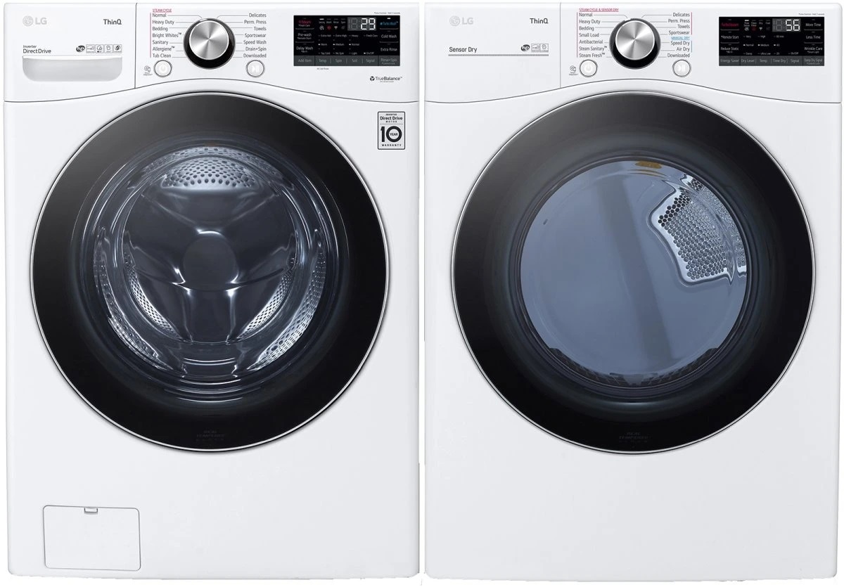 Side-by-side front view of LG WM4200HWA front load washer and LG DLEX4200W dryer 