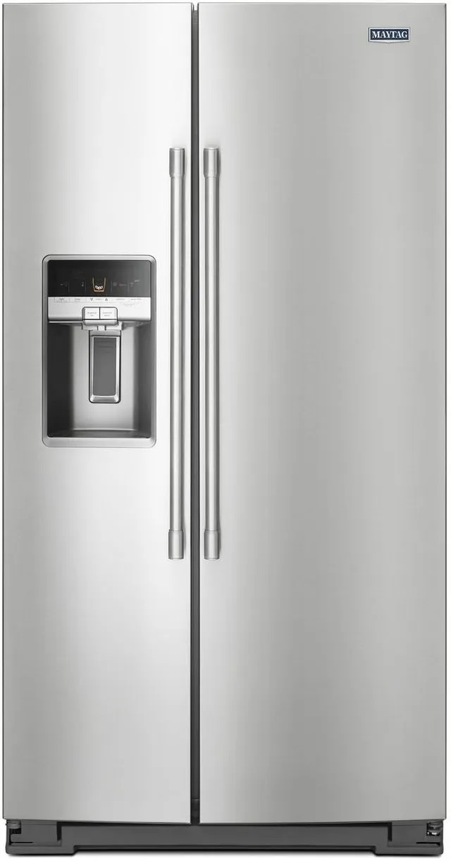 Maytag Front view of Maytag MSC21C6MFZ stainless steel side by side refrigerator