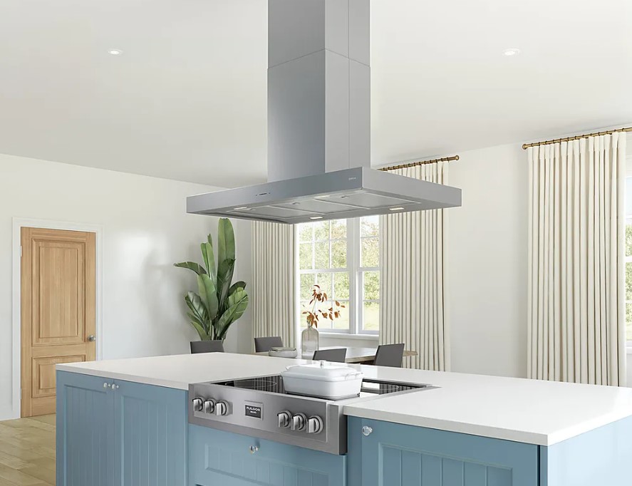 Zephyr A stainless steel island range hood is positioned over a rangetop
