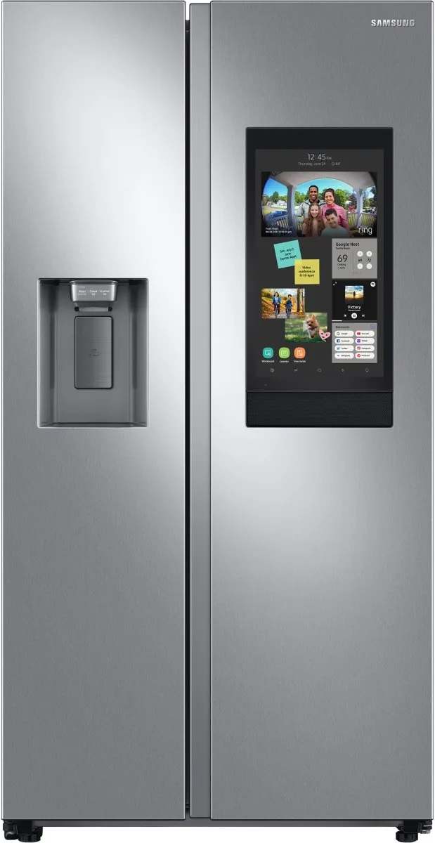 Front view of Samsung RS27T5561SR side by side refrigerator with Family Hub