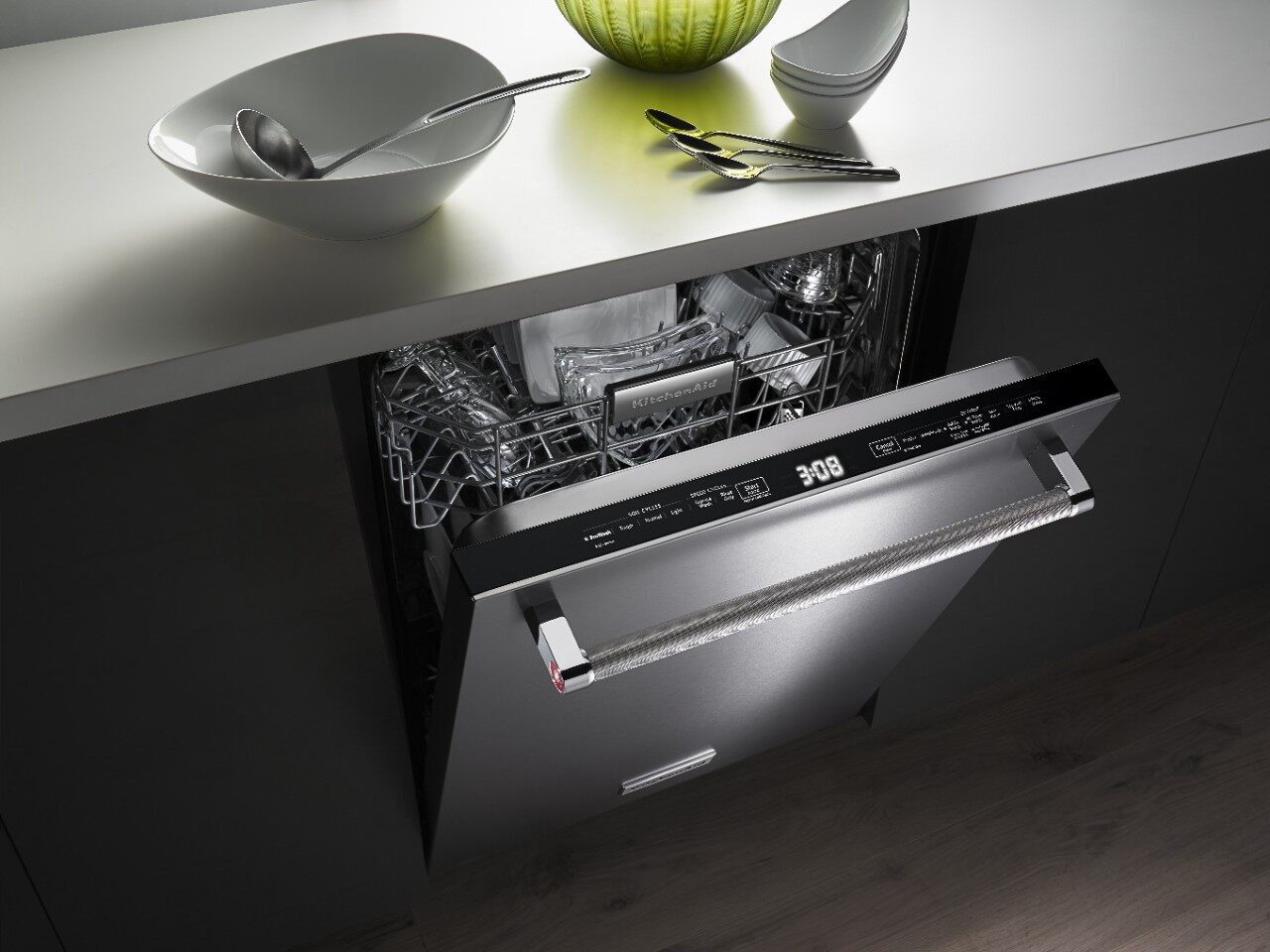 KitchenAid stainless steel dishwasher in a modern kitchen 