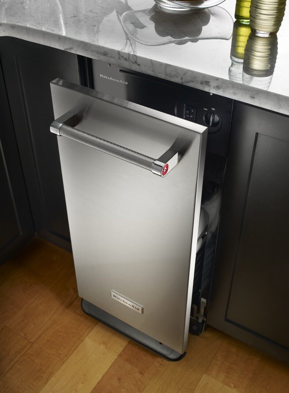 KitchenAid KitchenAid 15” KTTS505ESS trash compactor slightly open