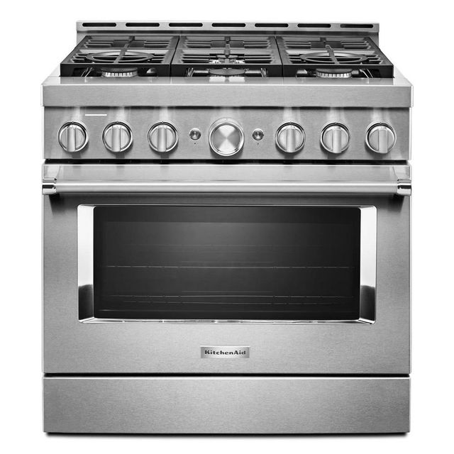 Stock photo of a stainless steel KitchenAid brand gas range.