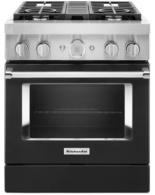 Credit: KitchenAid KitchenAid 30” Imperial Black Commercial-Style Free Standing Dual Fuel Range KFDC500JBK