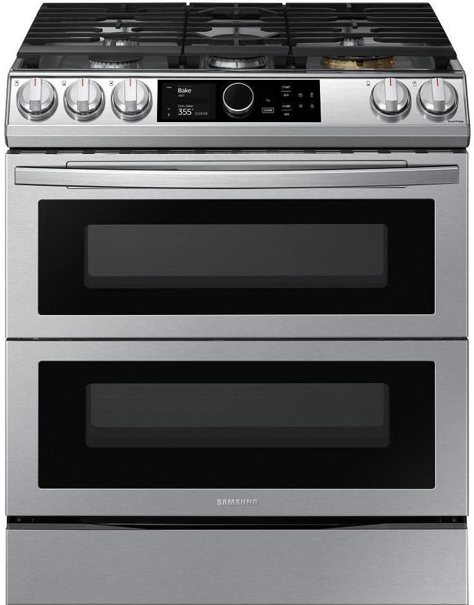 Credit: Samsung Samsung 30” Fingerprint Resistant Stainless Steel Front Control Slide-in Dual Fuel Range NY63T8751SS