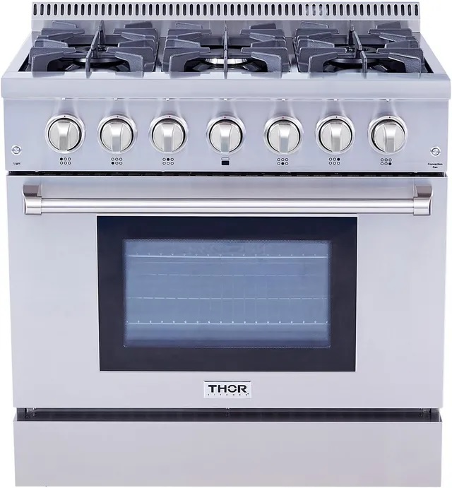 Credit: Thor Kitchen Thor Kitchen 36” Stainless Steel Pro Style Dual Fuel Range HRD3606U