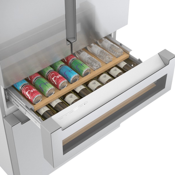 bosch B36CL81ENG refreshment center stocked with wine and soda cans