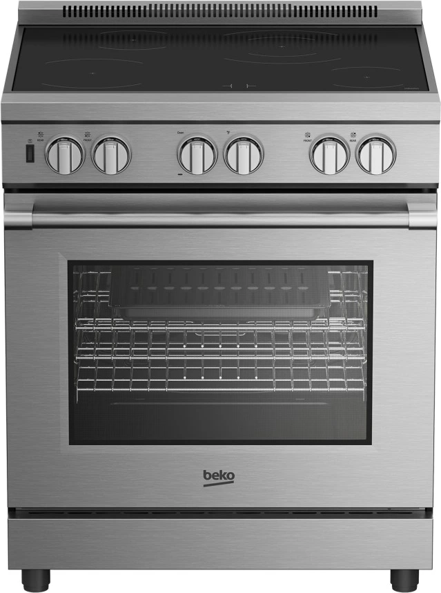 Front view of the Beko PRIR34452SS 30” induction range 
