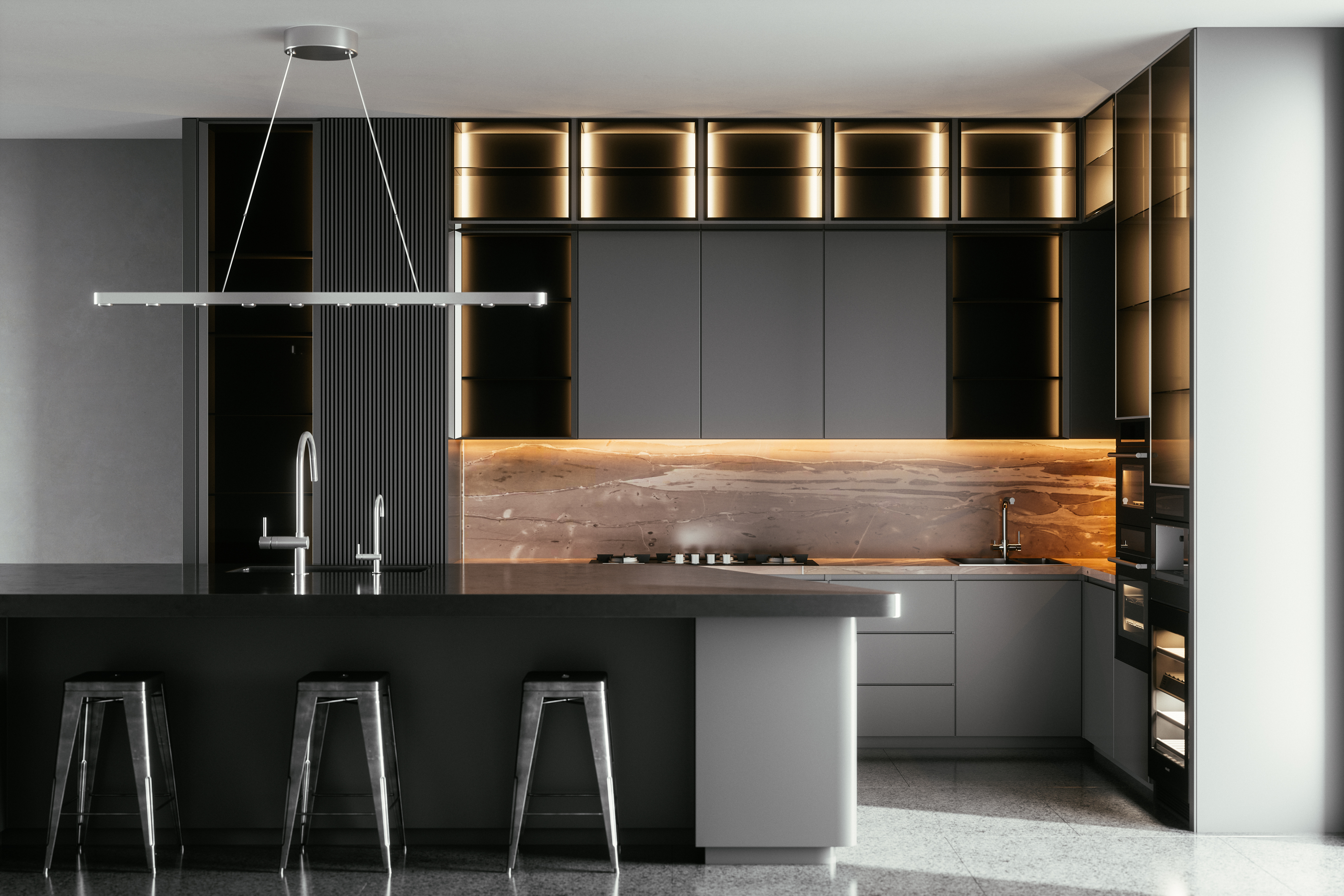 iStock Credit: imaginima black modern luxury kitchen with wood accents